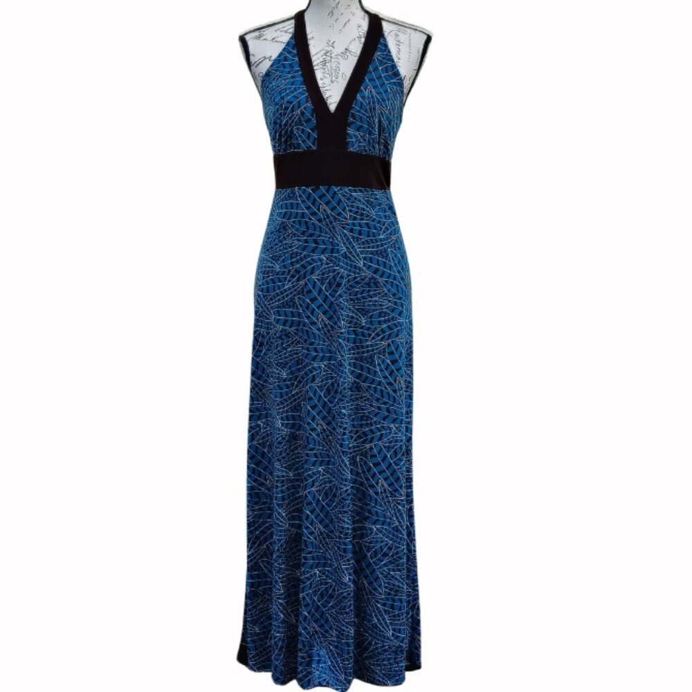 Blue Brown Halter Maxi Dress Medium‎ Empire Waist Babydoll Low Back Geometric